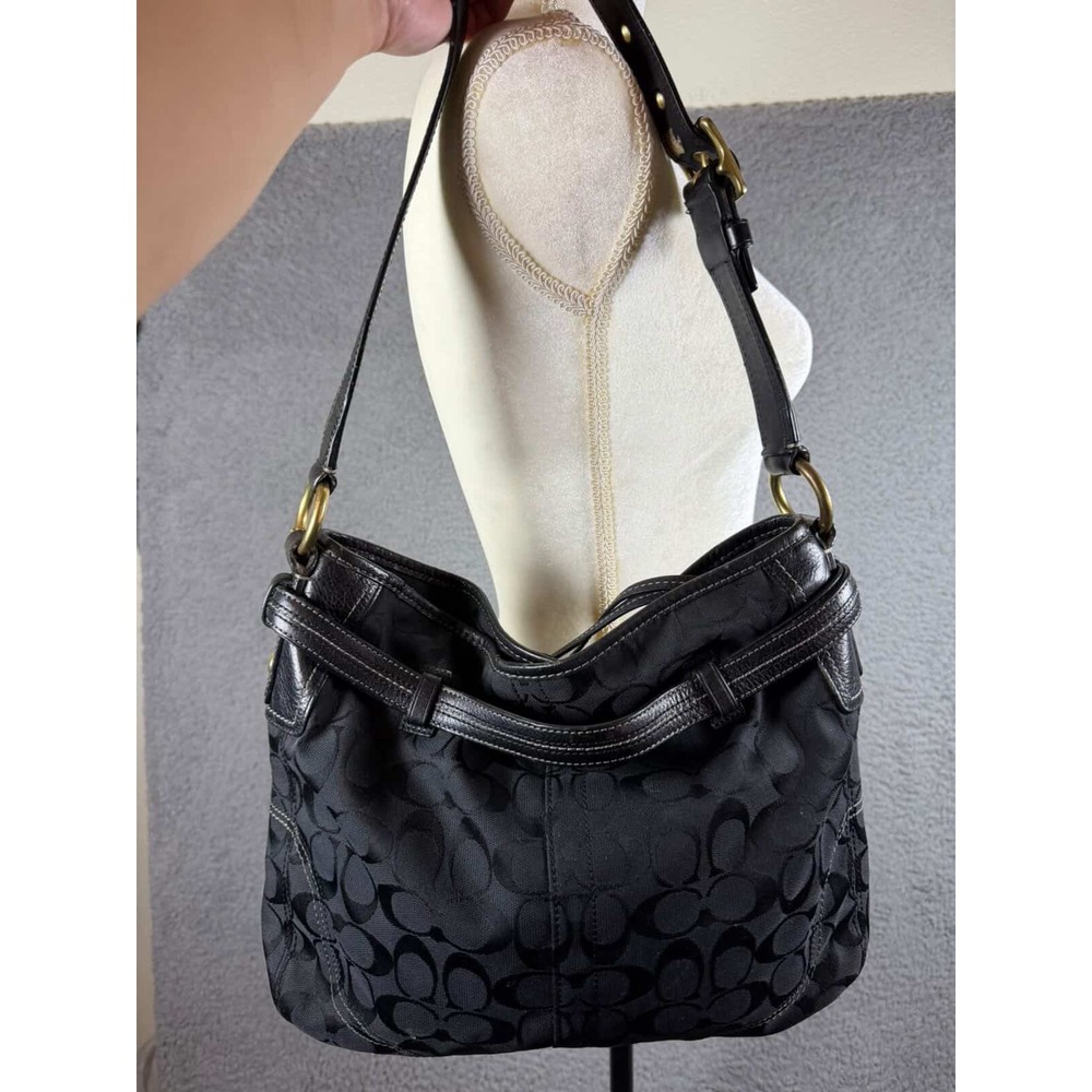 Coach Signature Black Jacquard Leather Hobo Bag Brass Horsebit 12469 Womens - Picture 4 of 7